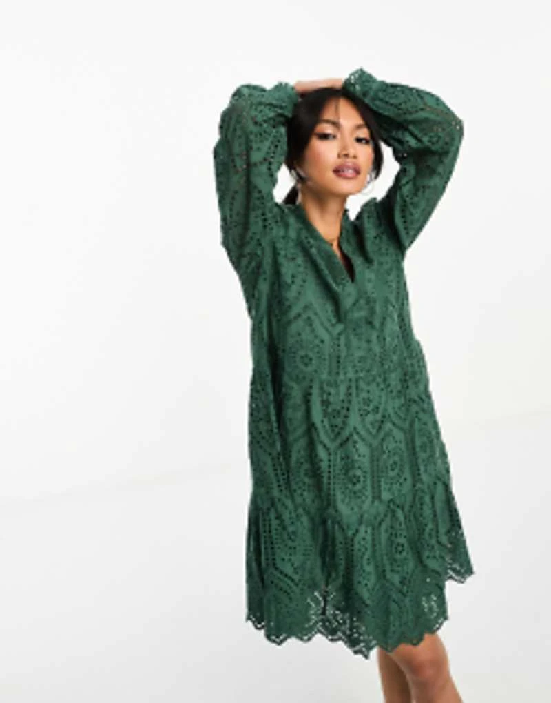Y.A.S Broderie Mini Smock Dress In Green 4 Y.A.S Broderie Mini Smock Dress In Green - Image 4