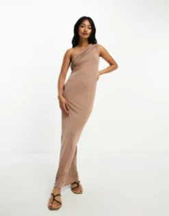 ASOS DESIGN Draped One Shoulder Modal Maxi Dress In Brown