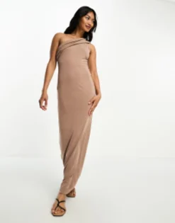 ASOS DESIGN Draped One Shoulder Modal Maxi Dress In Brown -RIVER ISLAND || PULL & BEAR || ONLY Sales Store 204787346 4