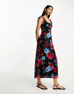ASOS DESIGN Mesh Scoop Neck Frill Sleeve Maxi Dress In Floral Print