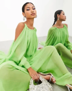 ASOS EDITION Chiffon Dropped Shoulder Backless Maxi Dress In Apple Green -RIVER ISLAND || PULL & BEAR || ONLY Sales Store 204793637 3