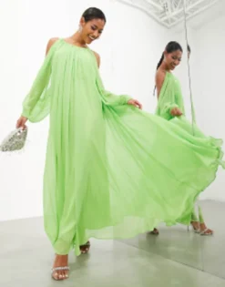 ASOS EDITION Chiffon Dropped Shoulder Backless Maxi Dress In Apple Green -RIVER ISLAND || PULL & BEAR || ONLY Sales Store 204793637 4