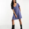 ASOS DESIGN Scoop Neck Swing Mini Dress In Washed Blue