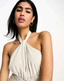 ASOS DESIGN Twist Neck Halter Mini Dress With Ruched Skirt In Oatmeal -RIVER ISLAND || PULL & BEAR || ONLY Sales Store 204797047 3