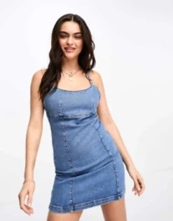 Stradivarius Denim Cami Mini Dress In Medium Blue