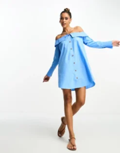 ASOS DESIGN Bardot Mini Shirt Dress With Horn Buttons In Blue
