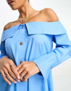 ASOS DESIGN Bardot Mini Shirt Dress With Horn Buttons In Blue -RIVER ISLAND || PULL & BEAR || ONLY Sales Store 204816020 3