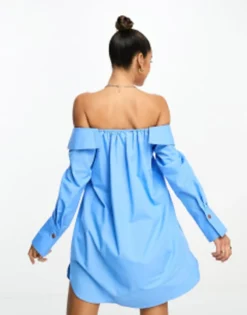 ASOS DESIGN Bardot Mini Shirt Dress With Horn Buttons In Blue -RIVER ISLAND || PULL & BEAR || ONLY Sales Store 204816020 4