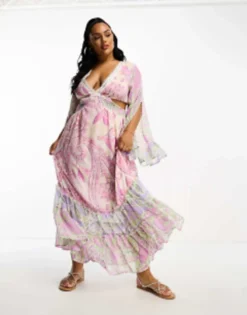 River Island Plus Mix Print Tiered Maxi Beach Dress In Purple