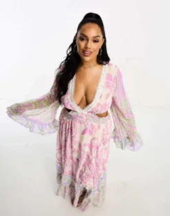 River Island Plus Mix Print Tiered Maxi Beach Dress In Purple -RIVER ISLAND || PULL & BEAR || ONLY Sales Store 204827348 4