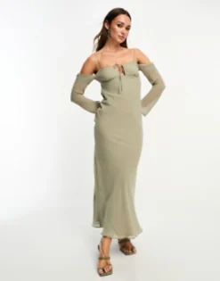 ASOS DESIGN Cold Shoulder Long Sleeve Tie Front Bias Maxi Dress In Khaki