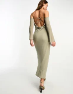 ASOS DESIGN Cold Shoulder Long Sleeve Tie Front Bias Maxi Dress In Khaki -RIVER ISLAND || PULL & BEAR || ONLY Sales Store 204830901 4