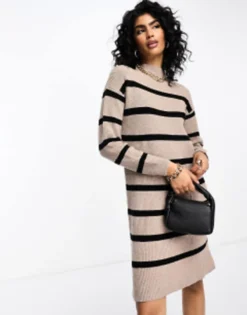 Vila High Neck Knitted Mini Jumper Dress In Mushroom Stripe