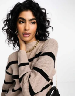 Vila High Neck Knitted Mini Jumper Dress In Mushroom Stripe -RIVER ISLAND || PULL & BEAR || ONLY Sales Store 204854353 3