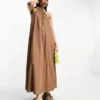 ASOS DESIGN Cotton Utility Grosgrain Detail Maxi Dress In Chocolate
