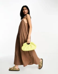 ASOS DESIGN Cotton Utility Grosgrain Detail Maxi Dress In Chocolate -RIVER ISLAND || PULL & BEAR || ONLY Sales Store 204855683 4