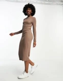 Vero Moda Ribbed Long Sleeve Midi Dress In Brown -RIVER ISLAND || PULL & BEAR || ONLY Sales Store 204859410 3
