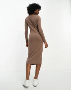 Vero Moda Ribbed Long Sleeve Midi Dress In Brown -RIVER ISLAND || PULL & BEAR || ONLY Sales Store 204859410 4