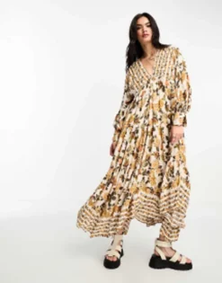 Free People Vintage Floral Print Boho Smock Maxi Dress In Ivory