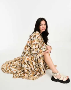 Free People Vintage Floral Print Boho Smock Maxi Dress In Ivory -RIVER ISLAND || PULL & BEAR || ONLY Sales Store 204863710 4