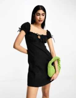 ASOS DESIGN Soft Denim Mini Dress With Ruched Sleeves In Black