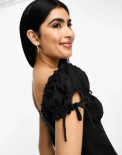 ASOS DESIGN Soft Denim Mini Dress With Ruched Sleeves In Black -RIVER ISLAND || PULL & BEAR || ONLY Sales Store 204867644 3