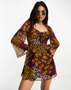 Wednesday's Girl Multi Floral Flute Sleeve Mini Dress In Multi