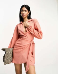 ASOS DESIGN Long Sleeve V Neck Wrap Mini Dress In Chocolate -RIVER ISLAND || PULL & BEAR || ONLY Sales Store 204873077 1 rust