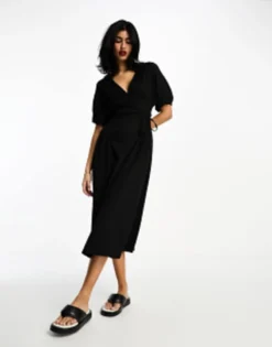 ASOS DESIGN Textured Crinkle Wrap Midi Dress With Tie Side In Black