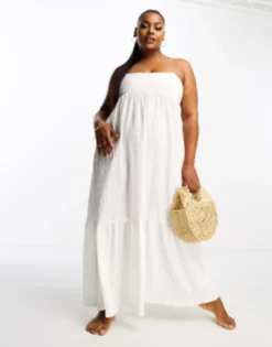 Esmee Plus Strappy Beach Summer Dress In White Waffle