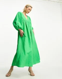 Whistles Linen Blend Trapeze Maxi Dress In Bold Green