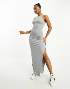 Miss Selfridge Rib Halter Neck Midi Dress In Grey Marl