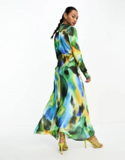ASOS DESIGN High Neck Maxi Satin Tea Dress In Abstract Blurred Print -RIVER ISLAND || PULL & BEAR || ONLY Sales Store 204895897 3