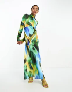 ASOS DESIGN High Neck Maxi Satin Tea Dress In Abstract Blurred Print -RIVER ISLAND || PULL & BEAR || ONLY Sales Store 204895897 4