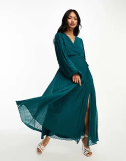 ASOS DESIGN Pleated Dobby Chiffon Wrap Button Detail Maxi Dress In Black -RIVER ISLAND || PULL & BEAR || ONLY Sales Store 204900238 1 pinegreen