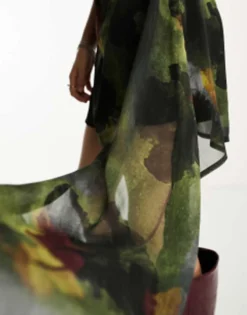 COLLUSION Mini Dress With Asymetric Hem In Green Abstract Floral -RIVER ISLAND || PULL & BEAR || ONLY Sales Store 204900755 3