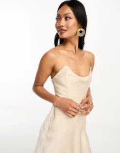 ASOS DESIGN Bandeau Contrast Fabric Slip Mini Dress With Corset Detail In Oyster -RIVER ISLAND || PULL & BEAR || ONLY Sales Store 204902682 3