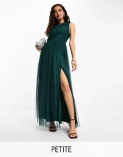 Anaya Petite Bridesmaid Tulle One Shoulder Maxi Dress In Emerald