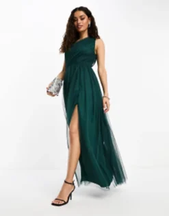 Anaya Petite Bridesmaid Tulle One Shoulder Maxi Dress In Emerald -RIVER ISLAND || PULL & BEAR || ONLY Sales Store 204902889 4