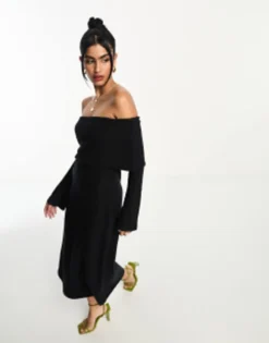 ASOS DESIGN Super Soft Bardot Midi Dress With Flare Sleeve In Black