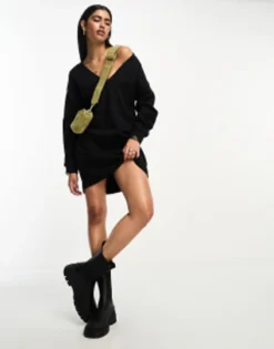 ASOS DESIGN Super Soft Slouchy V Neck Jumper Mini Dress In Black