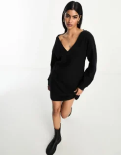 ASOS DESIGN Super Soft Slouchy V Neck Jumper Mini Dress In Black -RIVER ISLAND || PULL & BEAR || ONLY Sales Store 204909235 3