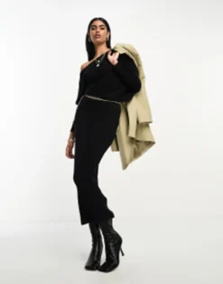 ASOS DESIGN Super Soft Rib Midi Jumper Dress With Fallen Shoulder In Black