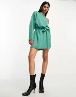 ASOS DESIGN Super Soft Slouchy Off Shoulder Mini Dress With Belt In Black -RIVER ISLAND || PULL & BEAR || ONLY Sales Store 204909294 1 sagegreen