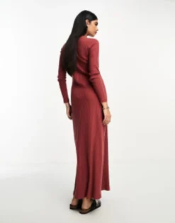ASOS DESIGN Super Soft Rib Crew Neck Midi Dress With Long Sleeve Rusty Red -RIVER ISLAND || PULL & BEAR || ONLY Sales Store 204909295 3