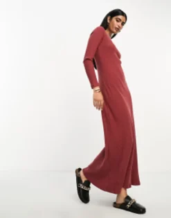 ASOS DESIGN Super Soft Rib Crew Neck Midi Dress With Long Sleeve Rusty Red -RIVER ISLAND || PULL & BEAR || ONLY Sales Store 204909295 4