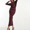 ASOS DESIGN Super Soft Rib Midi Jumper Dress With Fallen Shoulder In Chocolate