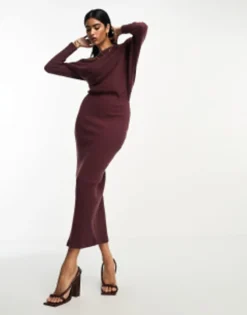 ASOS DESIGN Super Soft Rib Midi Jumper Dress With Fallen Shoulder In Chocolate