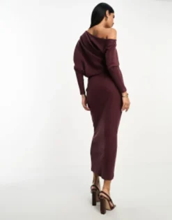 ASOS DESIGN Super Soft Rib Midi Jumper Dress With Fallen Shoulder In Chocolate -RIVER ISLAND || PULL & BEAR || ONLY Sales Store 204909364 4