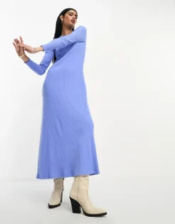 ASOS DESIGN Super Soft Rib Crew Neck Midi Dress With Long Sleeve Blue -RIVER ISLAND || PULL & BEAR || ONLY Sales Store 204909423 3